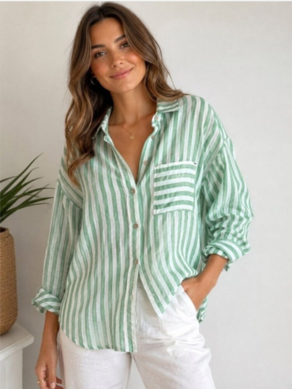 Nicole Miller 100% Linen Green White Striped Button Down Long Sleeve Shirt XL